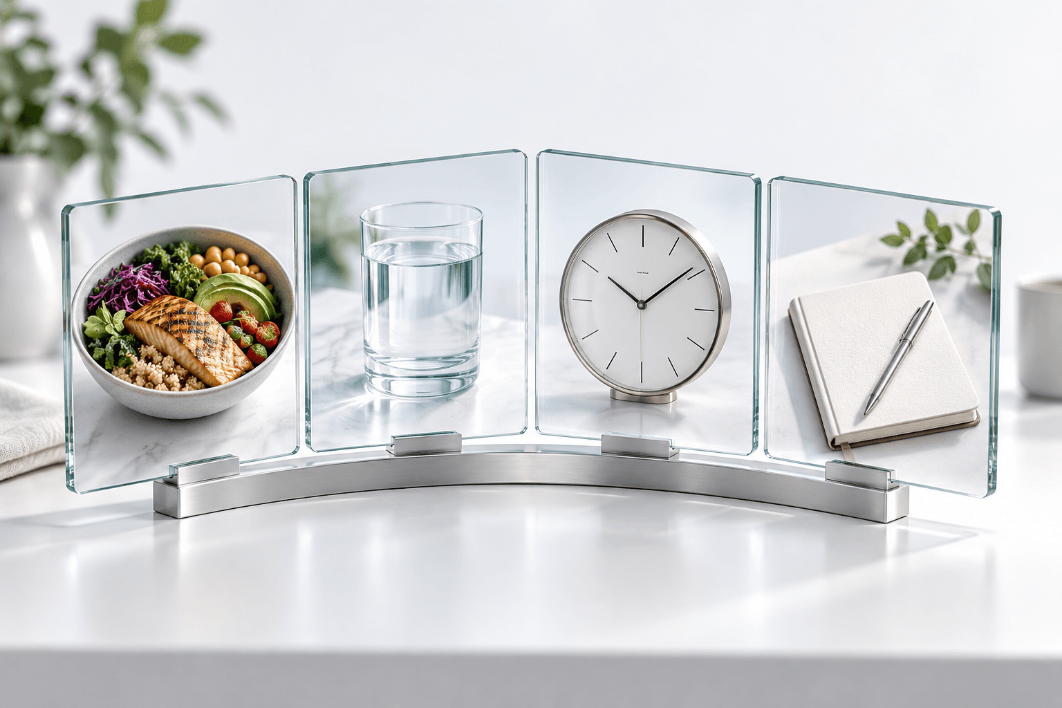 Concept illustration of meal, water, time, and journal records grouped together
