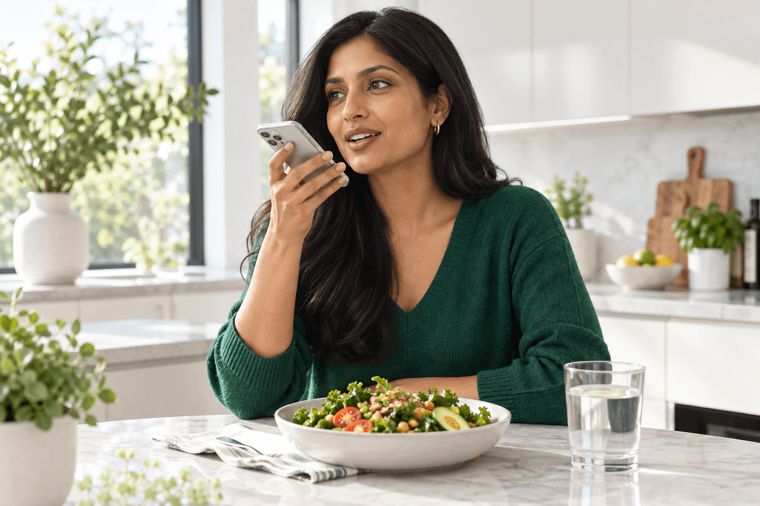 Lifestyle concept: a woman speaking into her phone beside her lunch