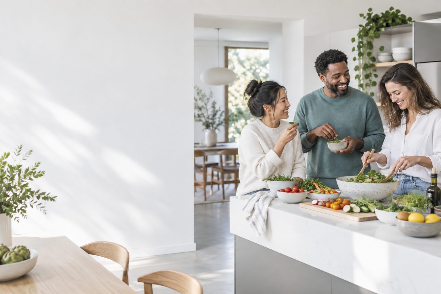 Friends sharing lunch in a bright kitchen
