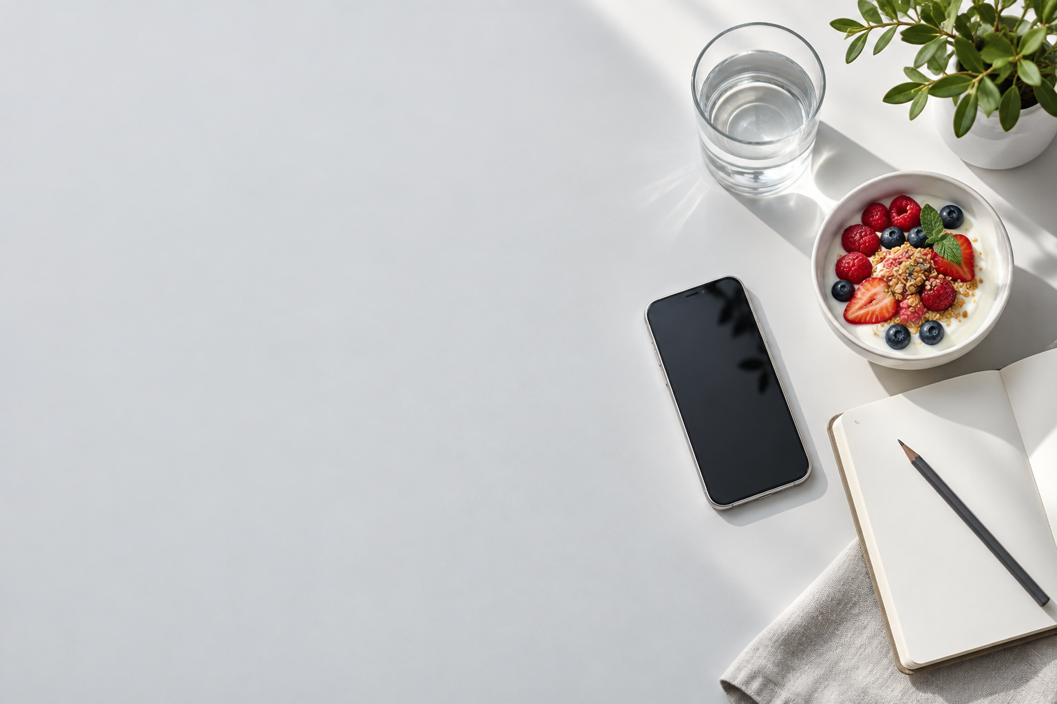 Breakfast, a notebook, a phone, and a glass of water